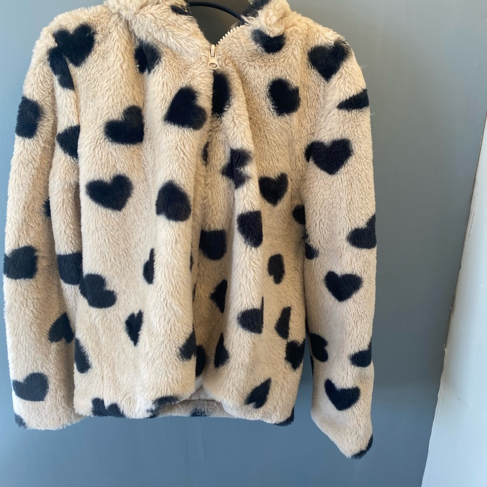 Cream Fuzzy Heart Hooded Zip Jacket for Kids